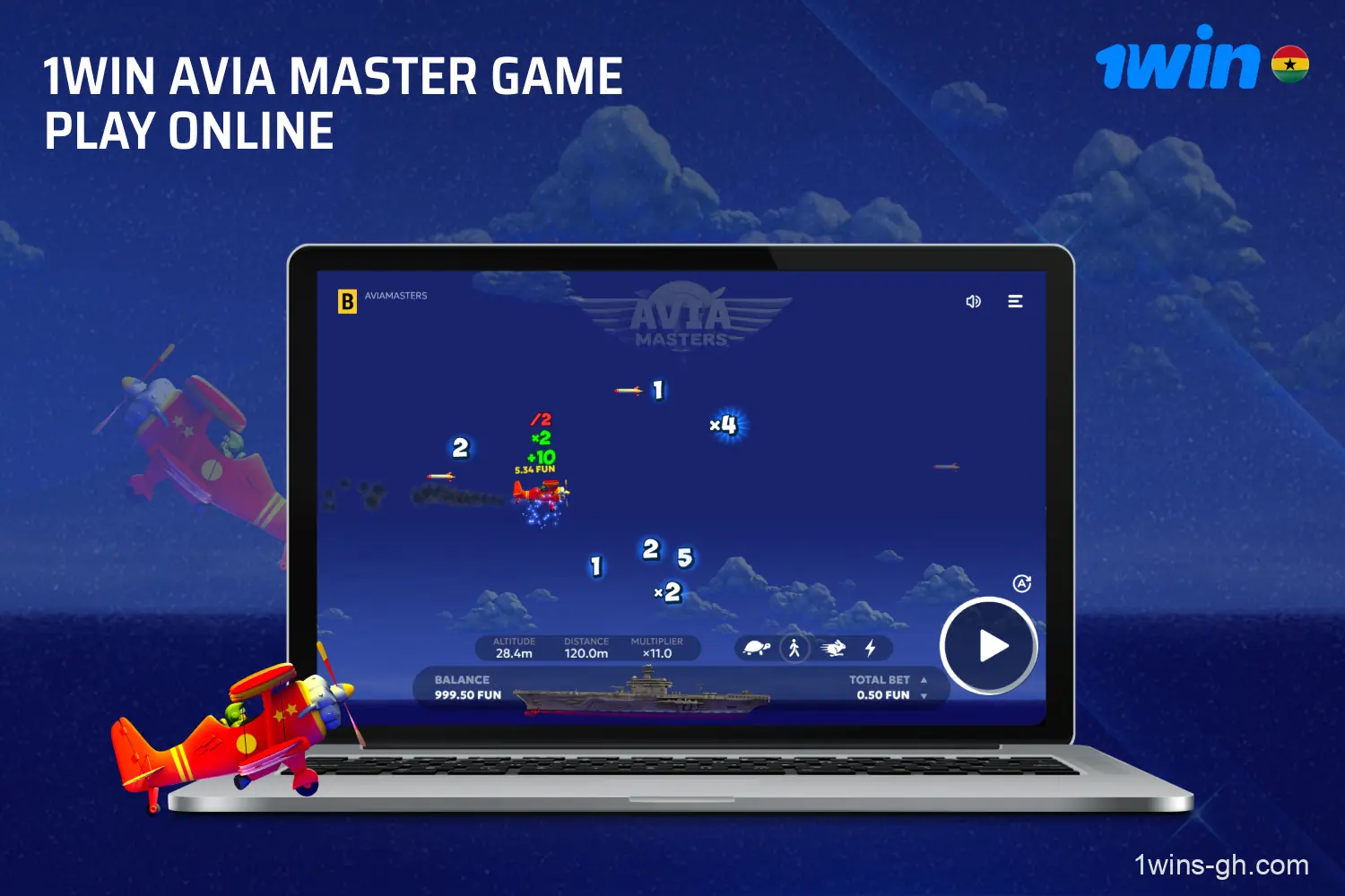 The Avia Masters 1win online game with high multipliers is available to players from Ghana, along with a generous 500% welcome bonus